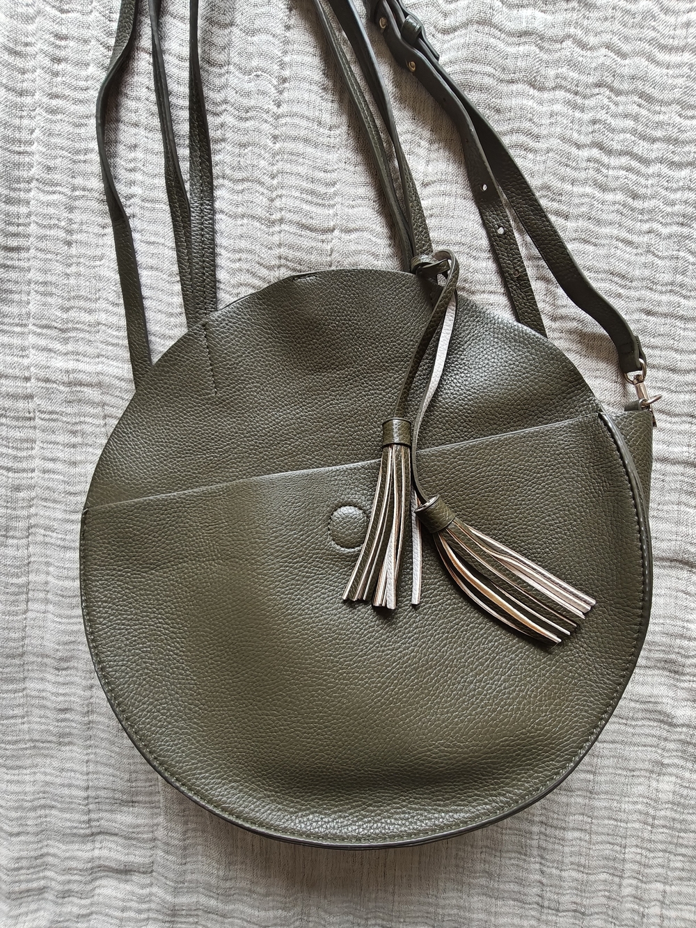 Olive Green Round Crossbody Bag with Tassel Detail Vegan Leather